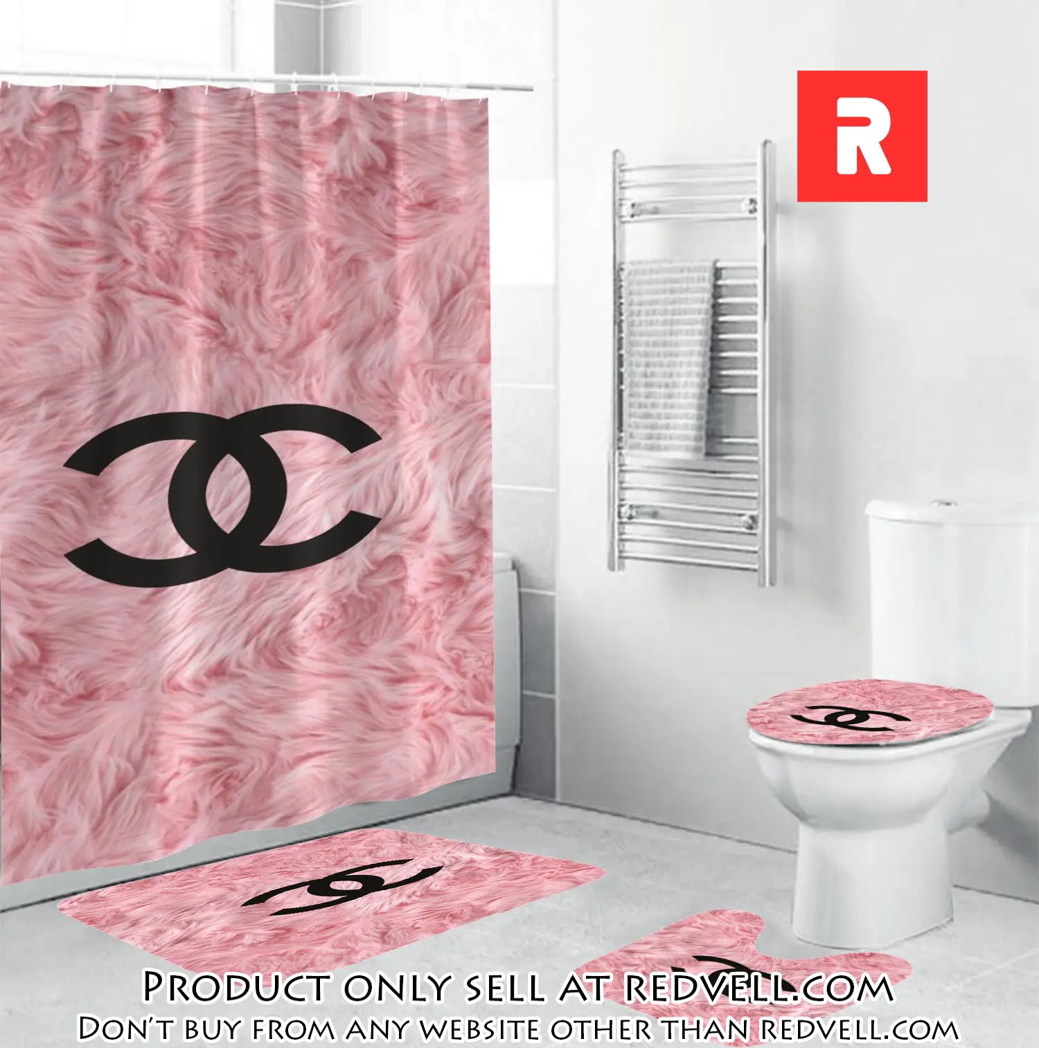Coco chanel black logo in pink feather bathroom set shower curtain rv3718169